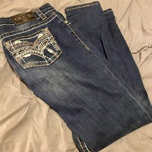 Dark stitched design blue skinny jeans